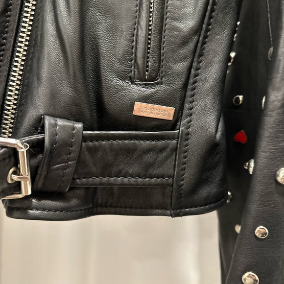 Scotch & Soda Black Studded Leather Biker Jacket with Red Accent - Picture 7 of 9